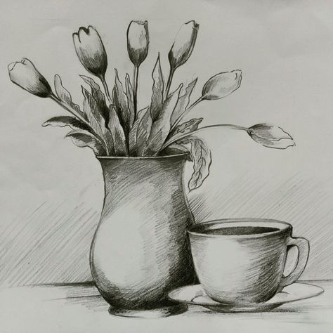 Pencil drawing | pencil shading | still life drawing | cup and vase | Vases Still Life, Sketch Ideas Still Life, Still Life With Pencil Shading, Still Life To Draw, Still Life Drawing Pencil Shading, Shading Practice Drawing, Still Life Pencil Shading Sketch, Still Life Composition Drawings, Pencil Sketches Still Life