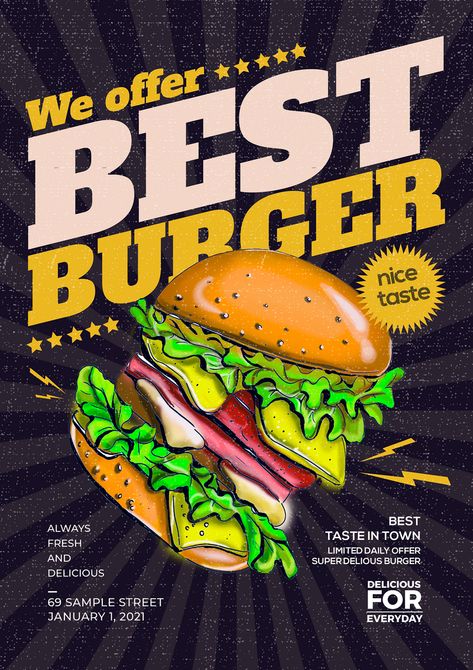 Simple retro burger fast food promotion poster#pikbest#templates Brand Posters Creative Advertising, Advertisment Poster Products, Promotion Food Design, Retro Food Ads, Fast Food Advertising Poster, Burger Design Poster, Burger Poster Design Graphics, Advertisement Poster Drawing, Food Advertisement Poster Products