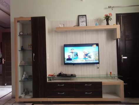 #Tv unit #L shape #glassshelves #ground clarance L Shape Tv Unit Design Modern, One Side Tv Unit Design, L Shape Tv Unit Design, Ikea Glass Shelves, Shelves In Bathroom, Ikea Glass, Diy Shelf Decor, Kitchen Shelf Brackets, L Shaped Shelves