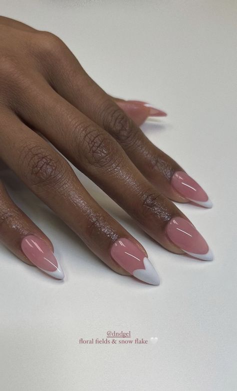 Heart French Tip Nails Almond, White Heart French Tip Nails, Half Heart Nails, Diamond Almond Nails, Oval Shaped French Tip Nails, Almond Shape French Nails, French Tip And Solid Nails, French Tip Black Women, Almond French Manicure