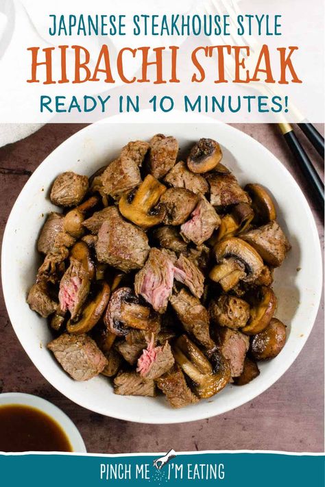 Want to learn how to make hibachi steak and mushrooms in your own kitchen? It's easier than you think! This easy Japanese steakhouse style recipe uses flavorful ribeye and soy sauce to create a restaurant-quality dish in only 10 minutes! Easy Hibachi Steak, Hibachi Steak Recipe, Easy Hibachi, Hibachi Steak, Steak At Home, Hibachi Restaurant, Rib Eye Recipes, Hibachi Recipes, Steakhouse Recipes