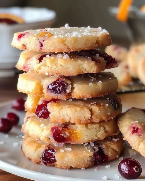 Cranberry Orange Shortbread Cookies Cranberry Shortbread Cookies, Fresh Cranberry Recipes, Cranberry Shortbread, Cranberry Cookies Recipes, Orange Shortbread, Cranberry Orange Shortbread Cookies, Icebox Cookies, Fresh Cranberry, Xmas Desserts