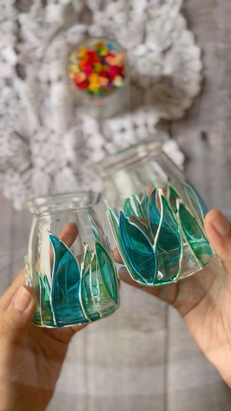 _my_home_diaries on Instagram: If you love to propagate your plants, this DIY glass painting is for those little glass jars 💚💙 . . . . . . . . . #diydiaries #diylove… Stained Glass Jars Diy, Glass Painting Designs On Bottles, Diy Glass Painting, Stained Glass Bottle, Glass Jars Diy, Painted Glass Bottles, Glass Painting Designs, Glass Bottles Art, Jar Diy