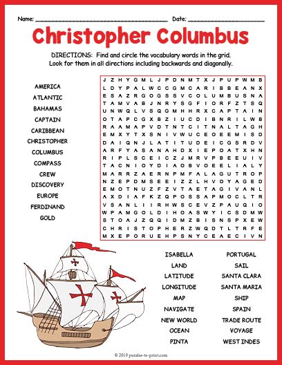 Christopher Columbus Craft, Christopher Columbus Worksheets, Christopher Columbus Activities, List Of Vocabulary Words, Free Word Search Puzzles, Puzzle Worksheet, Happy Columbus Day, Free Printable Puzzles, Teaching Game