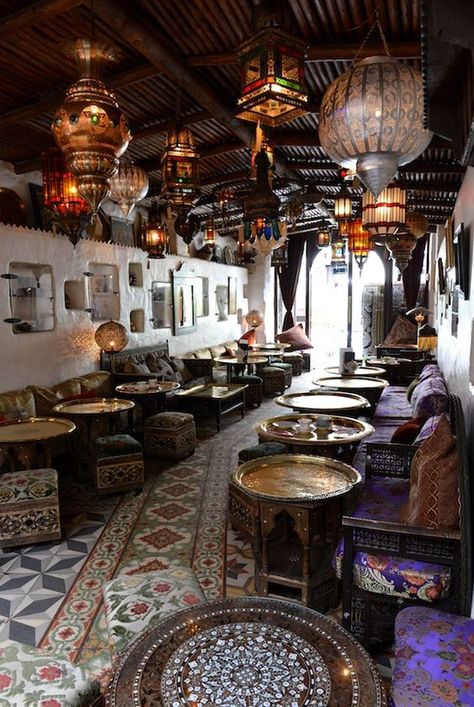 Stunning Moroccan style restaurant interior design. Gorgeous lights and tray tables. Get the look with our collection of authentic Moroccan and global pieces at MIX! Moroccan Restaurant Design, Restaurant Design Ideas, Turkish Cafe, Middle Eastern Decor, Moroccan Restaurant, Middle Eastern Restaurant, Turkish Restaurant, Cafe Terrace, Moroccan Interiors