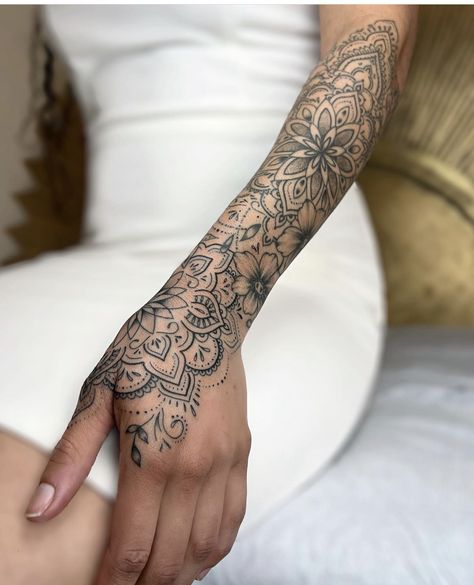 Pick Tattoo, Mandala Tattoo Sleeve Women, Forearm Mandala Tattoo, Lace Sleeve Tattoos, Mandala Arm Tattoos, Sleeve Inspiration, 2024 Tattoo, Mandala Hand Tattoos, Tattoos Hand