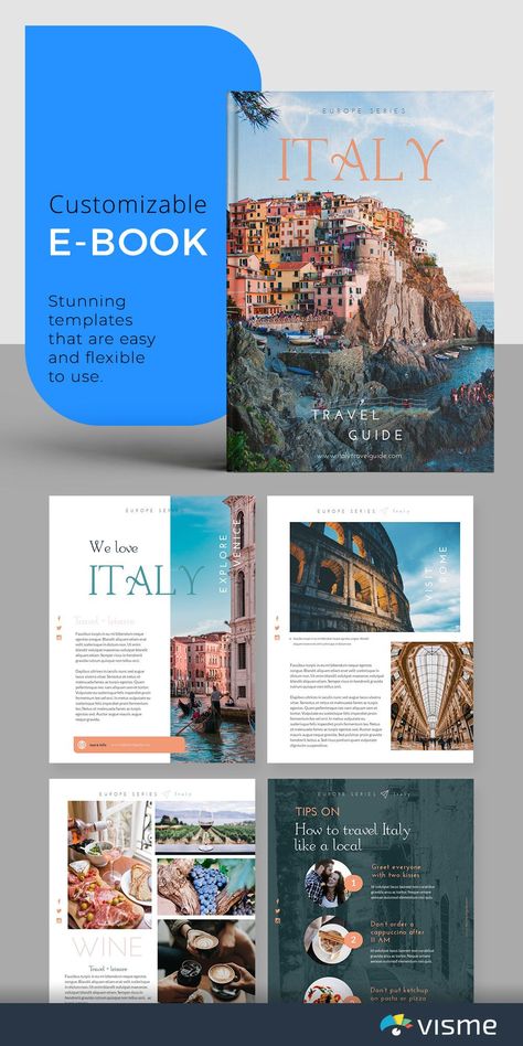 Travel Italy - Ebook Template. Artistic Ebook Design with Images and Creative Fonts This travel ebook template is perfect for travel blogs, agencies and companies looking to share travel and tourism information with their customers and followers. You can also customize this ebook for various purposes and topics, like destination weddings and food. #ebook #ebookemplate #ebookdesign #ebooklayout #blogging #optin #optinfreebie #printable #digitaldownload #digitalmarketing #emailmarketing #books Travel Agency Brochure Design, Travel Magazine Layout Design Creative, E-book Design, Travel Template Design, Travel Design Ideas, Travel Book Ideas, E Book Template, E Book Design, Travel Magazine Design