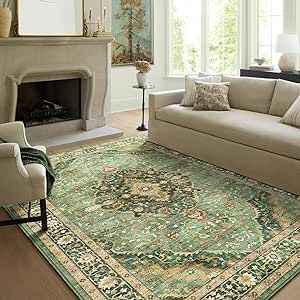 Deerly 5x7 Rug Green Washable Rugs 5 x 7 Rug, Non Slip Large Rug for Living Room Bedroom Dining Room, Low-Pile Kid & Pet Friendly Distressed Carpet Print Floor Rug(Border Green) 5 X 7 Rug, Carpet Print, Big Rug, 5x7 Rug, Area Rug For Living Room, 5x7 Area Rug, Big Rugs, Bedroom Area Rug, Dining Room Office