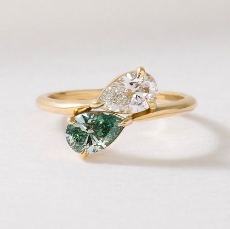 Yellow Gold Plated Two Stone Ring 2 CTW East West Pear Cut Green CZ Toi Moi Ring Diamond And Jade Engagement Ring, Two Birthstone Engagement Rings, Emerald Two Stone Ring, Double Gemstone Ring, Pear Shaped Stone Ring, 2 Stones Ring, Oval Wedding Ring Set Unique, Green Stone Engagement Rings, Two Gem Ring