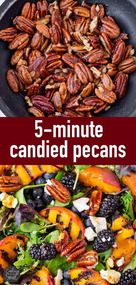 5-minute Candied Pecans! These candied pecans are super simple and easy to make. Everything is made right on the stovetop, so it's a quick recipe. Candied Pecans With Honey, How To Caramelize Pecans, Toasted Pecans For Salad, Candied Pecans Recipe Easy, Candied Pecans For Salad Easy, Roasted Candied Pecans, Candies Pecans Easy, Candied Pecans Salad, How To Make Candy Pecans