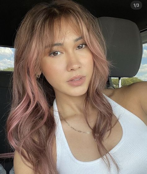 Rose And Brown Hair, Haircuts For Dimension, Rose Gold Peek A Boo Hair, Pink In Hair Brunette, Brown Hair With Dusty Pink Highlights, Blond Hair With Brunette Underneath, Ash Brown With Pink Highlights, Brown Hair Pastel Pink Highlights, Fun Neutral Hair Color Ideas