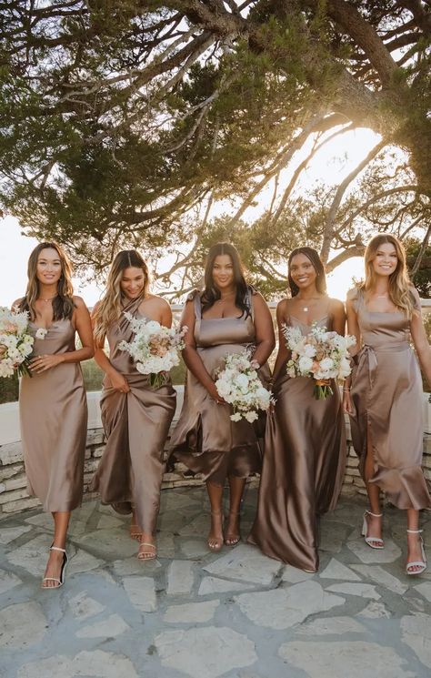 Tan Bridesmaids, Beige Bridesmaids, Taupe Bridesmaid, Brown Bridesmaid Dresses, Hairstyles For Summer, Beach Bridesmaids, Taupe Bridesmaid Dresses, Silk Bridesmaid Dresses, Neutral Bridesmaid Dresses