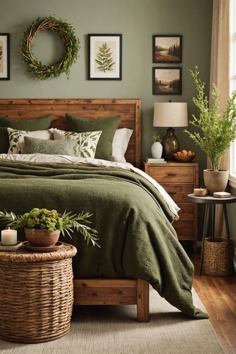 Hunter Green And Brown Bedroom, Master Bedrooms Decor Green Comforter, Green Walls In Bedroom Ideas, Forest Green Bedroom Accents, Modern Minimalist Guest Bedroom, Olive Green Theme Bedroom, Green Bedroom Brown Furniture, Olive Green Aesthetic Bedroom, Bedroom Decor Olive Green