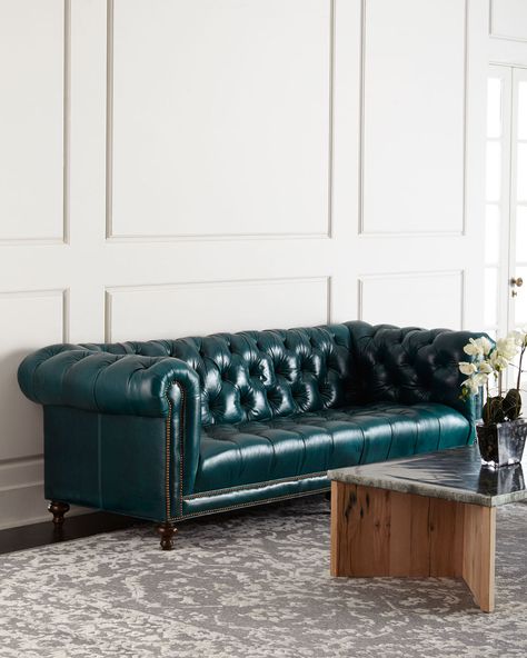 Absolutely Love This Teal Massoud Davidson Tufted-Seat Chesterfield Sofa. Though It Should Be Shown With a Bit Livelier Items Than It Is, I'm Thinking Something In RED! Modern Chesterfield Sofa, Best Leather Sofa, Leather Chesterfield Sofa, Leather Chesterfield, Sofa Price, Sofa Set Designs, Couch Set, Tufted Sofa, Chesterfield Sofa