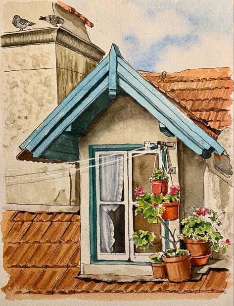 Cozy Window, Cotton Watercolor, Watercolor Scenery, Watercolor Art Landscape, Watercolor Architecture, Watercolor Paintings For Beginners, Corrugated Paper, Tiny Plants, Architecture Drawing Art