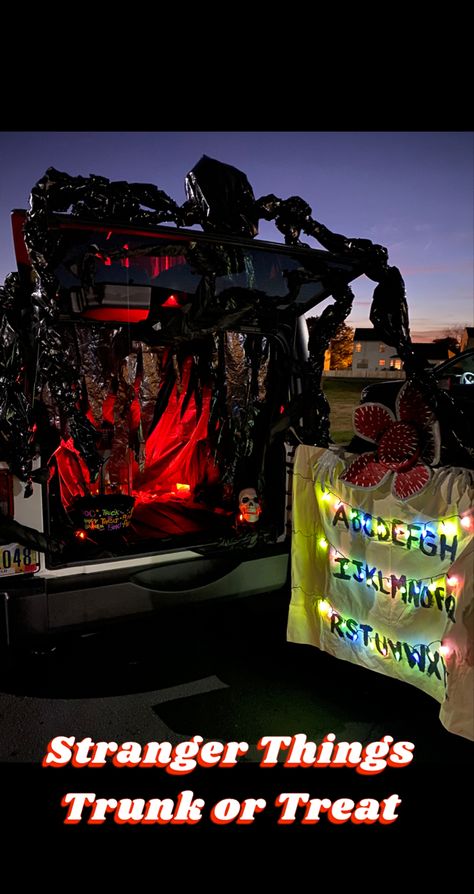 Paper mache demogorgon head and hands. Mind Flayer overlooking “Upside Down” portal trunk. Michael Myers Trunk Or Treat, Trunk Or Treat Ideas For Cars Stranger Things, Trunk Or Treat Stranger Things, Stranger Things Trunk Or Treat Ideas, Upside Down Portal, Stranger Things Trunk Or Treat, Trunk Or Treat Halloween, Stranger Things Halloween Party, Stranger Things Theme