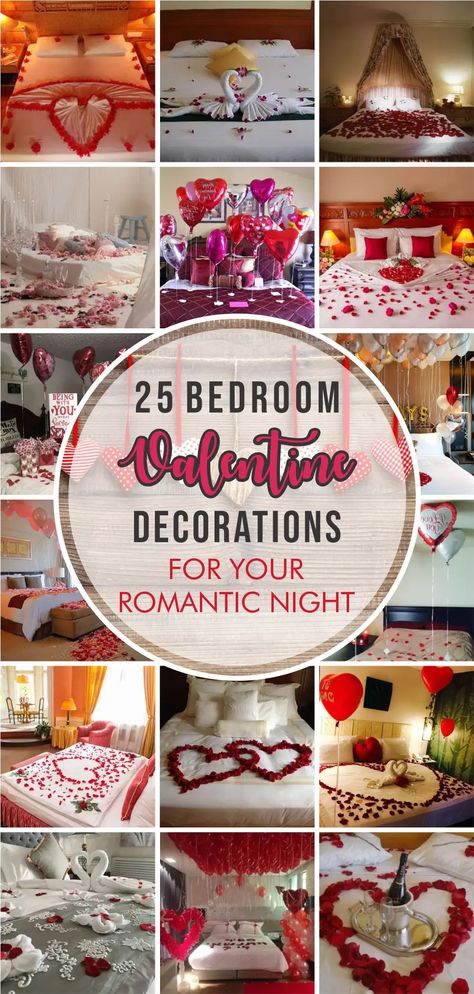 25 Bedroom Valentine Decorations for Your Romantic Night - Matchness.com Romantic Bedroom Set Up, Romantic Night Decorating Ideas, Romantic Bedroom Ideas Suprise, Romantic Room Set Up, Romantic Bedroom Ideas For Couples Love, Romantic Decorating Ideas For Him, Romantic Bedroom Ideas For Him Birthday, Romantic Set Up At Home, Honeymoon Suite Decorations