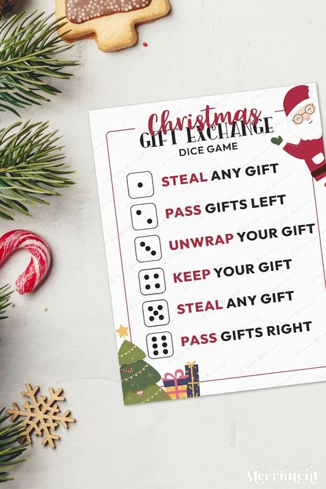 A Christmas gift exchange game will add an extra layer of fun and excitement to your family gathering. Today, I have the perfect free printable to help you! You may know this gift exchange game with dice as the White Elephant gift exchange, Yankee Swap or the Dirty Santa game. Download your festive fun now at A Visual Merriment! | Xmas Games | Holiday Games | Printable Christmas Games | Christmas Gift Exchange Games | Christmas Activities | Fun Christmas Party Games #christmas #game #printable Xmas Gift Exchange, Gift Exchange Dice Game, Gift Exchange Dice, Gift Exchange Ideas, Gift Exchange Game, Family Gift Exchange, Christmas Gift Exchange Games, Christmas Gift Games, Christmas Party Activities