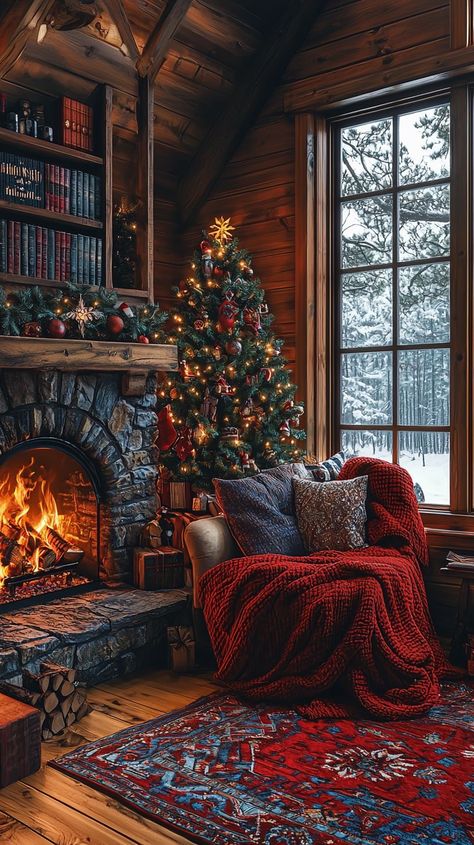 Cozy Winter Aesthetic Christmas, Christmas Wallpaper Fireplace, Cozy Fireplace Wallpaper, Christmas Decor Wallpaper, Winter Snow Cabin, Warm Christmas Aesthetic Cozy, Cozy Christmas Vibes, Cozy Christmas Background, Christmas Cozy Wallpaper