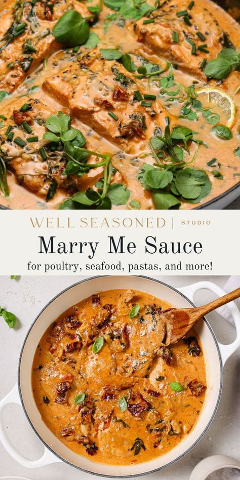 I love to serve this Marry Me Sauce recipe with everything from poultry and seafood to pasta and soup. It's got a sweet flavor from sun-dried tomatoes, lots of fresh basil, and a creamy texture -- you can use either coconut milk or heavy cream! Pair with any protein or pasta you like! Gluten-free.#wellseasonedstudio #marryme #sauce #creamsauce #viral Creamy Pasta Sauce Recipes, Seafood And Pasta, Cream Sauce Pasta, Creamy Pasta Sauce, Seafood Sauce, Cream Pasta, Coconut Sauce, Lime Sauce, Pork Cutlets