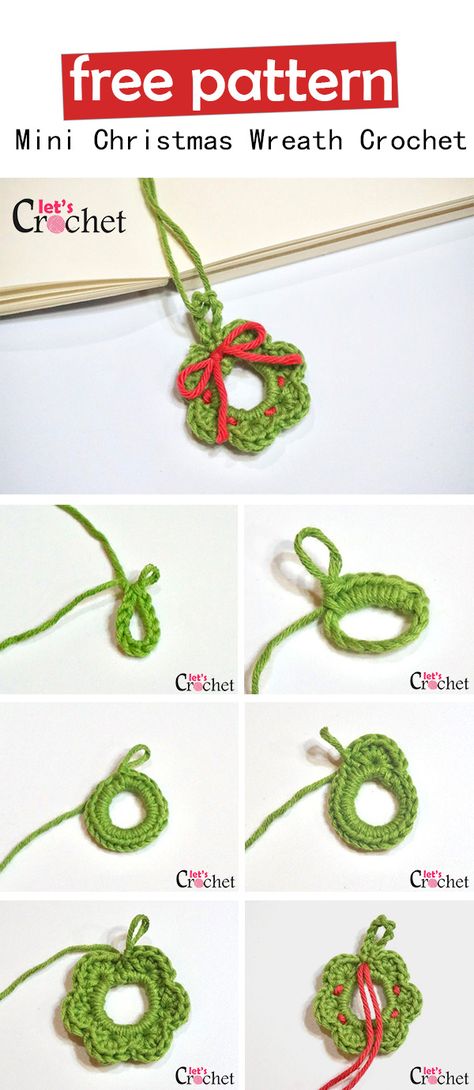 Mini Christmas Wreath Free Crochet Pattern Crochet Wreath Ornament, Julkransar Diy, Crochet Christmas Ornaments Free Pattern, Crochet Christmas Wreath, Crochet Christmas Ornaments Free, Crochet Ornament Patterns, Christmas Crochet Patterns Free, Crochet Wreath, Crochet Christmas Gifts