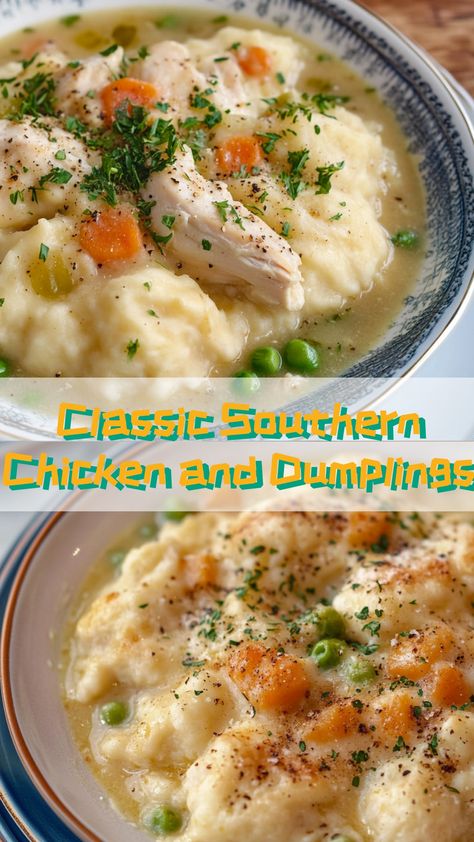 Classic Southern Chicken and Dumplings: A comforting and timeless dish that transports you to a cozy Southern kitchen. Perfect for family gatherings or chilly evenings. #comfortfood #southerncooking #homemadegoodness Chicken Casserole With Dumplings, Classic Chicken And Dumplings, Chicken N Dumplings Recipe, Best Southern Chicken And Dumplings, Southern Chicken And Dumplings, Southern Style Chicken And Dumplings, The Cozy Cook Chicken And Dumplings, Chicken And Dumplings Southern Style, Chicken And Dumplings Recipe