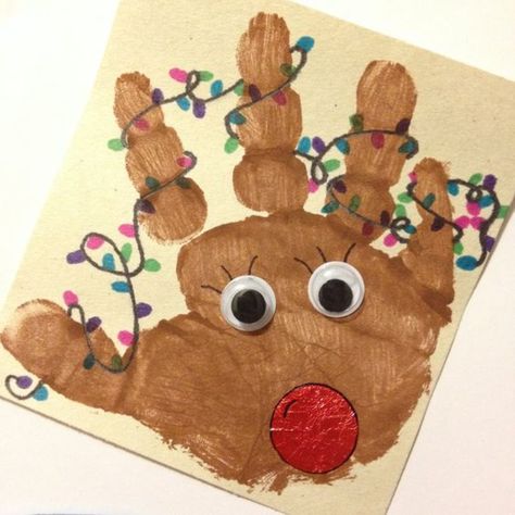 Reindeer Craft Handprint, Reindeer Hands Craft Kids, Rain Deer Hand Print, Hand Reindeer Craft, Rain Deer Crafts Christmas For Kids, Handprint Card Ideas, Handprint Xmas Cards, Handprint Reindeer Crafts For Kids, Reindeer Handprints For Kids