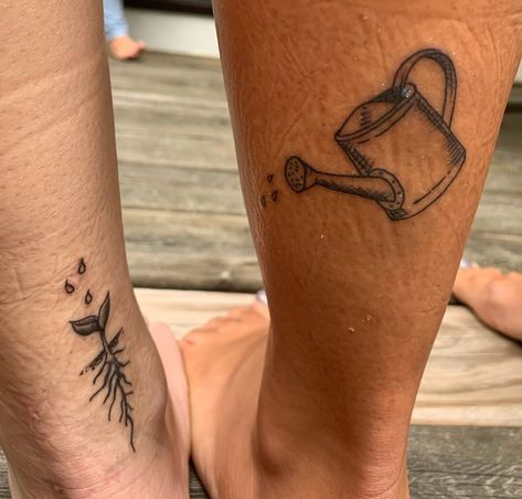 Watering can and sprout Self Love Watering Can Tattoo, Watering Can And Flower Tattoo, Flower Watering Can Tattoo, Tattoos For Gardeners, Rain Boot Tattoo, Watering Plants Tattoo, Water Can Tattoo, Homesteading Tattoo, Watering Can Tattoo Ideas