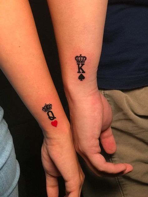 King And Queen Wrist Tattoo, King And Queen Tattoo On Hand, King N Queen Tattoo Couple, Matching Tattoos Couples King And Queen, Couples King And Queen Tattoo, His And Hers King And Queen Tattoos, Queen And King Card Tattoo, Queen And King Of Hearts Tattoo, Couple Tattoo King And Queen