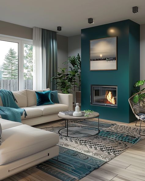 Torquise And Grey Living Room, Living Room With Colour Accents, Teal Farmhouse Living Room, Living Room Inspiration Teal, Color Palette Interior Design Living Room, Sitting Room Paint Ideas, Navy Teal Living Room, Teal House Color Scheme, Colourful Lounge Ideas