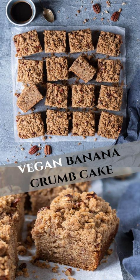 Vegan Banana Coffee Cake, Vegan Banana Dessert Recipes, Vegan Recipes With Bananas, Vegan Banana Cake Recipe, Vegan Banana Desserts, Banana Cake Vegan, Pecan Crumble Topping, Vegan Banana Cake, Banana Coffee Cake