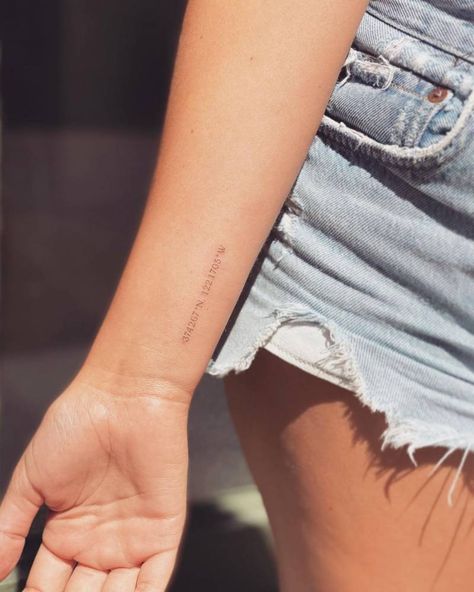 Coordinates lettering tattoo on the wrist. Word Tattoo Placements, Birthdate Tattoo, Tattoo On The Wrist, Small Words Tattoo, Delicate Tattoos For Women, Geometric Line Tattoo, Underboob Tattoo Designs, Coordinates Tattoo, One Word Tattoos