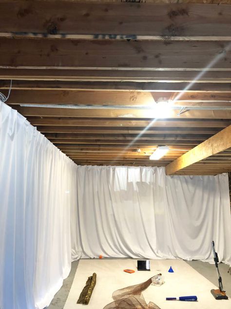 Fabric Basement Remodel | Amanda Nicole Smith Unfinished Basement Walls, Unfinished Basement Bedroom, Cheap Basement Ideas, Cheap Basement Remodel, Amanda Nicole, Basement Guest Rooms, Hangout Room, Basement Remodel Diy, Basement Laundry Room