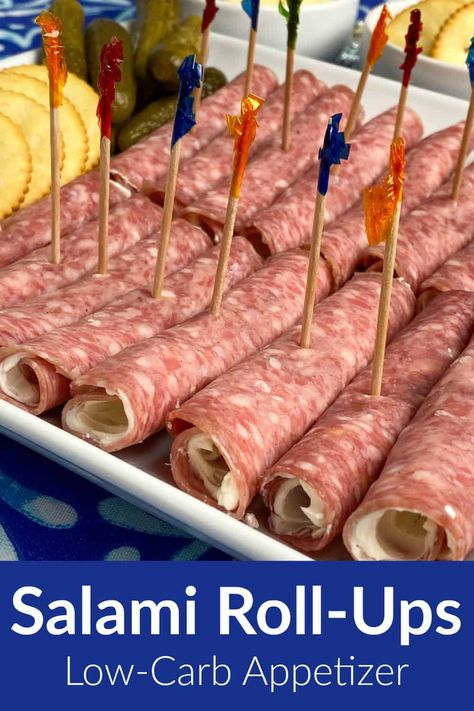 Cream cheese spread on salami and rolled up makes one of the best low-carb and keto snack recipes we’ve eaten! Perfect for grazing at a family holiday meal or enjoying at a party these snacks can be made ahead of time and are easy to transport over a long distance. There's something fun about finger food with a frilly toothpick that can be eaten in just a few bites. Spreading cream cheese inside each slice of salami helps it stick together as it is rolled or folded. Charcuterie Roll Ups, Salami Cream Cheese Banana Pepper Roll Ups, Card Party Snacks Appetizers, Easy To Transport Appetizers, Baptism Brunch, Salami Appetizer, Glamping Camper, Salami Rolls, Keto Snack Recipes