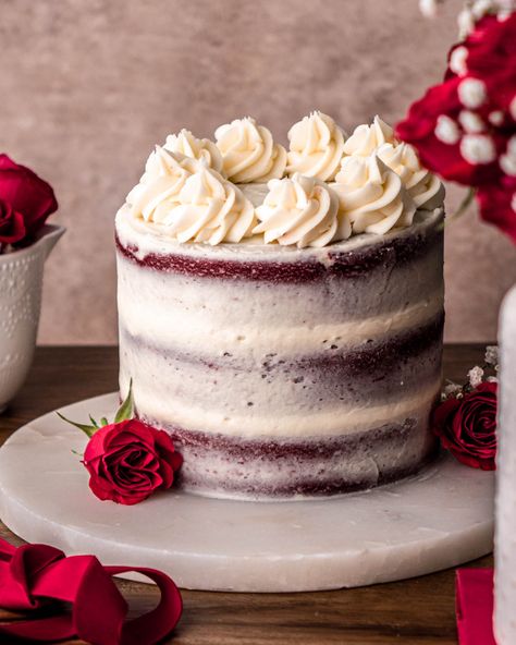 Naked Red Velvet Cake - In Bloom Bakery Red Velvet Square Cake Design, Red Velvet Decorated Cake, Red Velvet Birthday Cake Decoration, Kpop Cake Design, Pistachio Cake Filling, Engagement Desserts, Naked Red Velvet Cake, Red Velvet Naked Cake, Red Velvet Cake Decoration