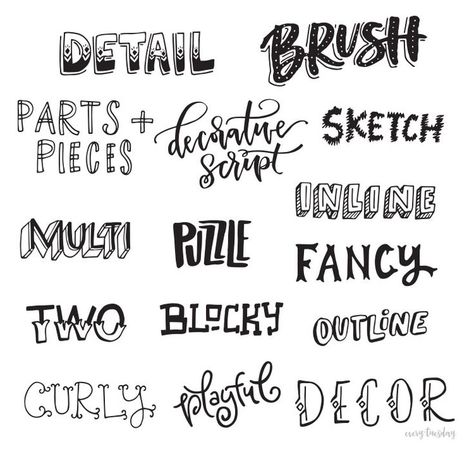 Freebie: Hand Lettering Style Inspiration Guide | Every-Tuesday                                                                                                                                                                                 More Doodle Lettering Handwriting, Different Calligraphy Styles, Hand Lettering Ideas, Doodle Letters Alphabet, Lettering Idea, Handlettering Inspiration, Different Lettering, Design Alphabet, Hand Lettering Styles