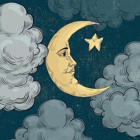 Crescent Moon Sketch, Art Hippie, The Moon And Stars, Moon Drawing, Moon Painting, Moon Face, Celestial Art, On The Moon, Hippie Art