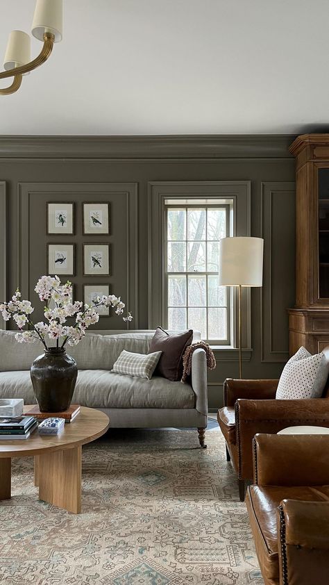 Jean Stoffer on Instagram: “We made six spaces one glorious room at the Woodward house. Big effort? Yes. Worth it? Oh yes.” Wall Paneling In Living Room, Cotswold Living Room, Muted Green Living Room, Simple Moody Living Room, Urban Bronze Interior, Jean Stoffer Living Room, Taupe Walls Living Room, Classic Sitting Room, Snug Decor