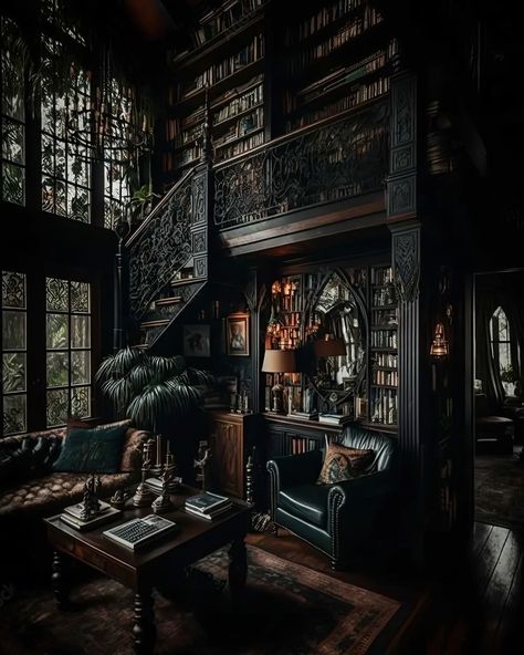 Modern Victorian Interior Design Bedroom, Gothic Style Home Interior Design, Dark Academia Houses, Home Library Aesthetic, Dark Academia House, Academia House, Vintage Maximalist Decor, Gothic Library, Goth Houses