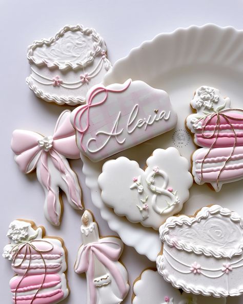 I love how many of these types of sets I get to work on! Honestly my happy place 💕 . . . . . #cookies #sugarcookies #cookieart #cookieartist #cottagecore #pinkaesthetic #floralcookies #birthdaycookies #bakersofinstagram #sugarcookiedecorating #decoratedcookies #cakecookies #bowcookies Coquette Sugar Cookies, Ribbon Cookies Decorated, Love Shack Fancy Cookies, Bow Cookies Decorated, Happy Birthday Cookies Decorated, Birthday Cookie Ideas, Sweet 16 Sugar Cookies, Coquette Cookies, Happy Birthday Sugar Cookies