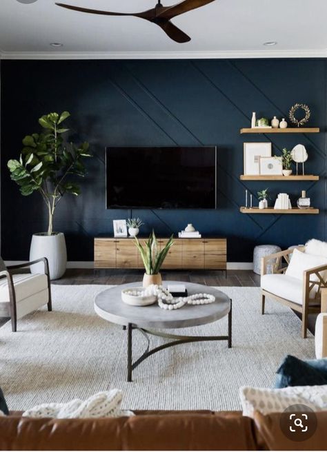 Navy Walls Living Room, Blue Accent Wall Living Room, Living Room Design Blue, Blue Walls Living Room, Navy Living Rooms, Navy Blue Living Room, Feature Wall Living Room, Blue Accent Walls, Blue Living Room Decor