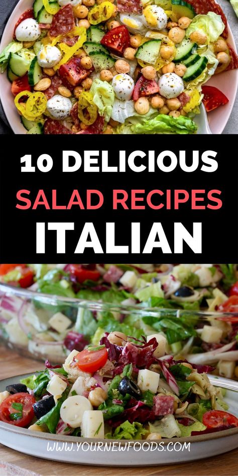 Your New Foods, 10 Delicious Italian salad recipes to choose from. The perfect partners to many meals. Which of these salads will be your favorite food? Salads For Spaghetti Dinner, Salad That Goes With Spaghetti, Best Salad To Go With Spaghetti, Fall Italian Salad Recipes, Side Salad Recipes Italian, Salads For Pasta Dinner, Simple Italian Salad Recipes, Salads That Go With Italian Food, Salad To Go With Italian Dinner