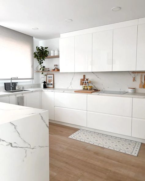 21+ Cleanest All-White Kitchen Design Inspirations For 2024 - DrExplains White Modern Cabinets Kitchen, White Kitchen Handleless, White Colour Kitchen Design, White Kitchen No Handles, Modern Kitchen Design White Cabinets, Bright White Kitchen Ideas, White Kitchen Update, L Shaped White Kitchen, Kitchens With White Countertops