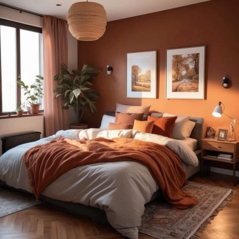 White Bedding Burnt Orange Accents, Dusk Bedroom Aesthetic, Bed Orange Aesthetic, Cozy Bedroom With Dark Wood Furniture, Beige Orange Bedroom, Rust Orange Bedroom Decor, Fall Colored Bedroom, Bedroom Inspirations Orange, Grey And Rust Bedroom