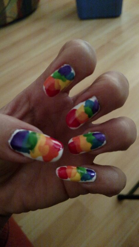 Rainbow art for my gay pride friends 2017. All I did was put a dab of color on nail the blow through a straw to spread it. Subtle Pride Nails Pan, Goth Gay Pride Nails, Pride Month Nails 2024, Pride Month Nails, Gay Pride Nails, Gay Nails, Rainbow Pride Nail Art, Pride Stilleto Nails, Gay Pride Month