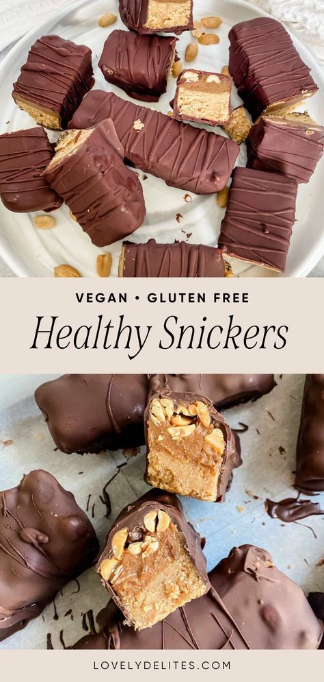 Healthy Snickers are a simple and easy recipe to make that only requires four ingredients. This recipe is made with healthy ingredients like dates, almond flour, peanuts and vegan dark chocolate. This Snickers Bars recipe is both vegan and gluten-free and I promise it will be loved by the whole family! Healthy No Bake Dessert Recipes, Yummy Vegan Desserts, Whole Foods Desserts Healthy, Sugar Free Dairy Free Gluten Free, Easy Gluten Free Vegan Recipes, Dates And Chocolate Recipes, Candy Made With Dates, Nourishing Desserts, Stuff Dates Recipe