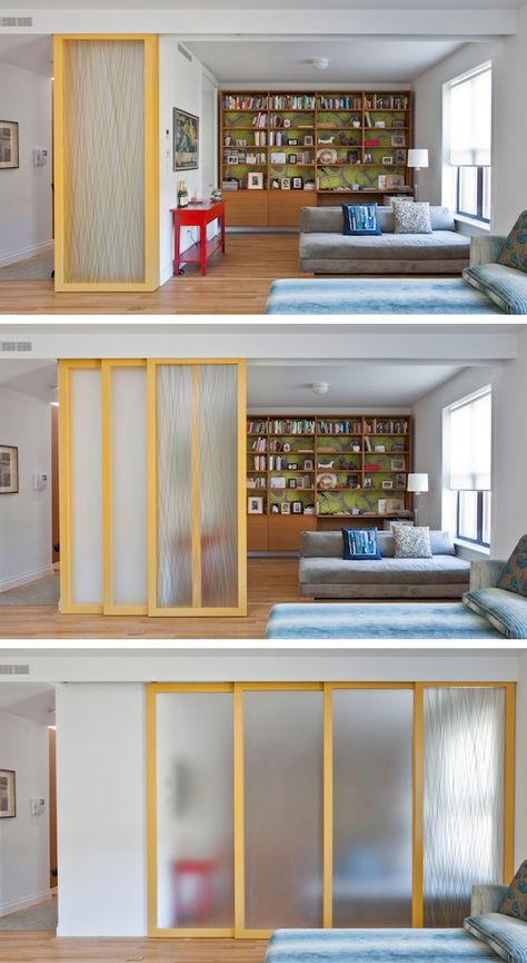 #12. Install sliding walls! (for privacy while maintaining an open feel)  | 29 Sneaky Tips For Small Space Living Sliding Walls, Small Space Hacks, Aesthetic Studio, Small Space Storage, Apartment Layout, Small Space Diy, Design Del Prodotto, Room Dividers, Small Space Living