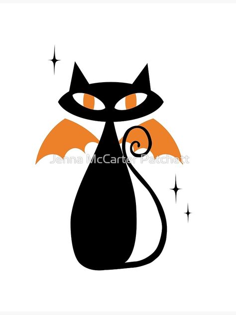 Halloween Cat Pictures, Mid Century Modern Tattoo, Halloween Cats Art, Halloween Cat Drawing, Mcm Halloween, Mid Century Modern Illustration, Mid Century Modern Halloween, Atomic Kitty, Pottery Halloween