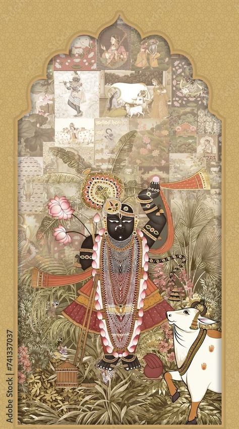 Indian traditional mughal wallpaper Pichwai Template, Mughal Wallpaper, Shrinathji Pichwai Paintings, Shree Nathji, Pichwai Art, Pichwai Painting, Buddhist Art Drawing, Pen Art Work, Wallpaper New