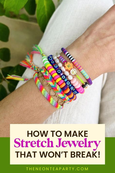 Save this step-by-step guide to make stretch bead bracelets and stretch bead necklaces that won't break. Arm Party Bracelets, Strong Knots, Cowrie Shell Jewelry, Bead Stopper, Making Bracelets With Beads, How To Make Tassels, Beading Needles, Headband Pattern, Beaded Bracelets Diy